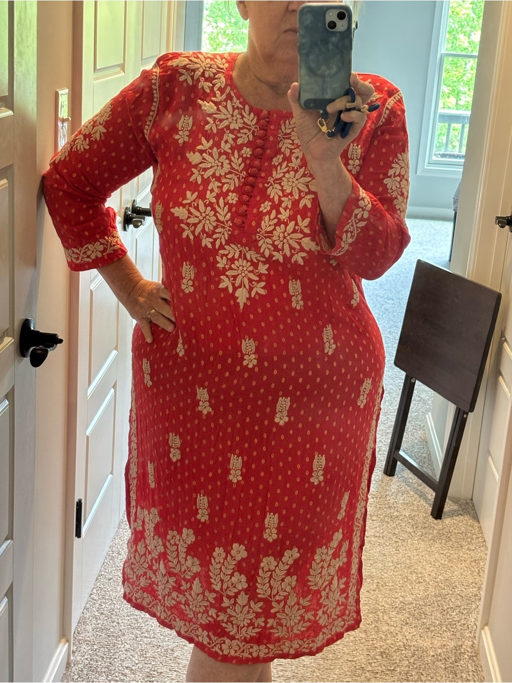 Johnny Was Type Red Tunic Top with Cream Floral Embroidery - Picture 6 of 11